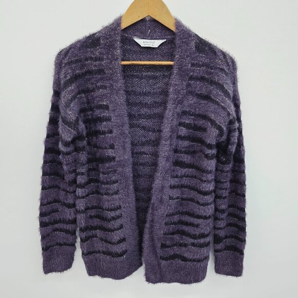 Trucloth Womens XS Eyelash Open Front Cardigan Metallic Purple Striped Boho - Picture 3 of 15